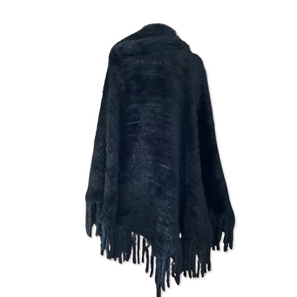 Fur poncho black knitted rabbit cowl neck cape large Xl plus one size - Picture 7 of 15